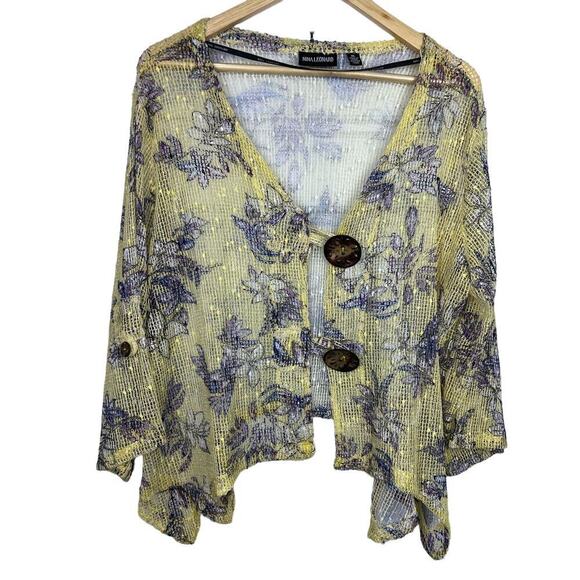 Nina Leonard Floral Yellow/Purple Sheer Open Weave Cardigan Wooden Buttons XL - Picture 1 of 12